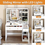 Pamapic Glass Top Sliding Mirror Vanity Desk with Lights, Makeup Vanity with Jewelry Storage, 3 Drawers, 12 Compartments, Golden Handles, 3 Color Dressing Table with Charging Station, Bedroom, White Pamapic