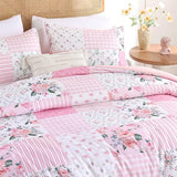 YIKUSH Queen Comforter Set - Pink Spring Floral Comforter Queen Size Patchwork Flower Cozy Bedding Set 3 Pieces for All Season, Cute Pattern 1 Comforter (90"x90") and 2 Pillow Shams (20"x26") YIKUSH