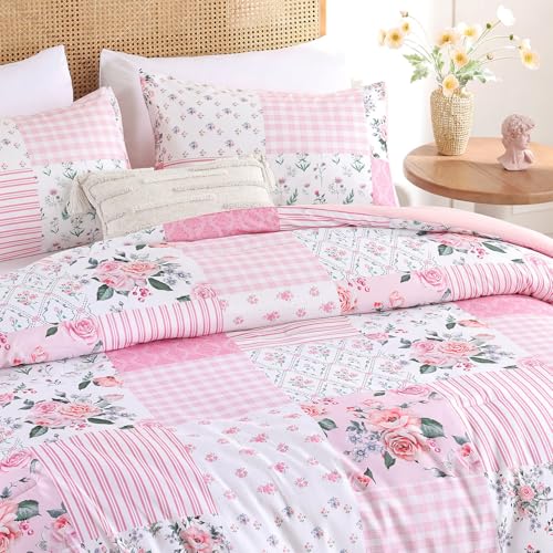 YIKUSH Full Comforter Set - Pink Spring Floral Comforter Full Size Patchwork Flower Cozy Bedding Set 3 Pieces for All Season, Cute Pattern 1 Comforter (79"x90") and 2 Pillow Shams (20"x26") YIKUSH