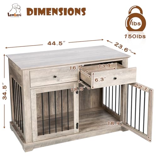 LEMBERI 44 Inch Large Dog Crate Furniture with 2 Storage Drawers, Wooden Dog Kennel Furniture as End Table, Decorative Pet Cage Dog House Indoor for Dogs LEMBERI