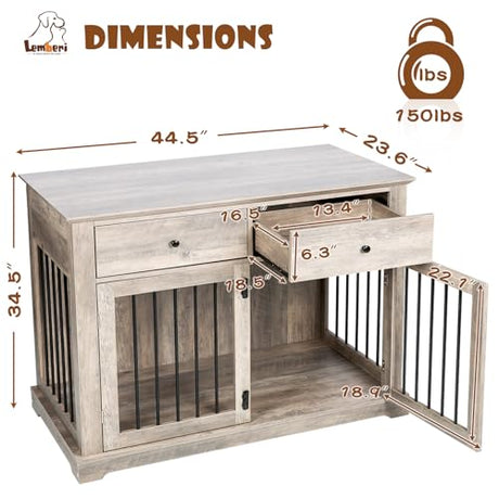 LEMBERI 44 Inch Large Dog Crate Furniture with 2 Storage Drawers, Wooden Dog Kennel Furniture as End Table, Decorative Pet Cage Dog House Indoor for Dogs LEMBERI