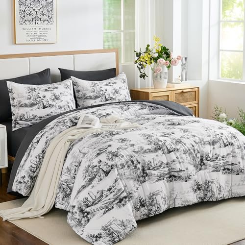 WONGS BEDDING Queen Comforter Set 7 Pieces, Black and White Botanical Bed in a Bag, Farmhouse French Toile Floral Bed Set WONGS BEDDING