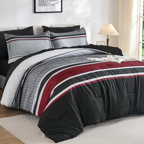 WONGS BEDDING 7 Pieces Comforter Set Queen Size, Black-red Striped Bed in a Bag Comforter and Sheet Set, Black Boho Soft Lightweight Micorfiber Bedding Set for All Season (90"×90") WONGS BEDDING