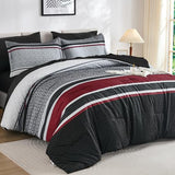 WONGS BEDDING 7 Pieces Comforter Set Queen Size, Black-red Striped Bed in a Bag Comforter and Sheet Set, Black Boho Soft Lightweight Micorfiber Bedding Set for All Season (90"×90") WONGS BEDDING