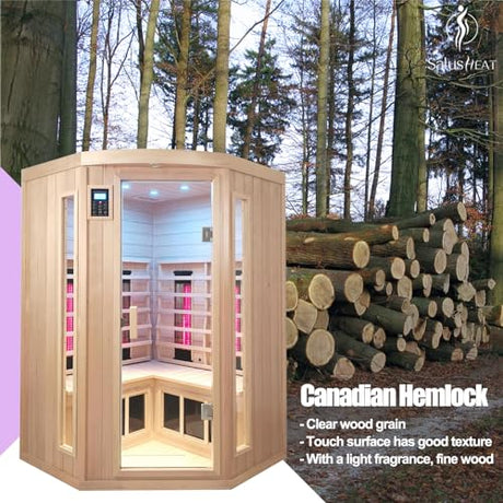 KUNSANA Infrared Saunas 2-3 Person, Ceramic Infrared Sauna for Home, Low EMF Indoor Home Sauna Spa, Ultra Large Size Corner Sauna, Hemlock Wood Sauna Room, Bluetooth Speakers, Chromotherapy Lights KUNSANA