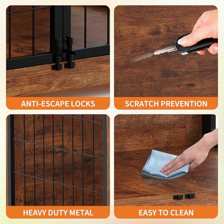 Dog Crate Furniture, 38" Double Doors Indoor Decor Pet House Cage, Wooden Dog Kennel with 360°& Adjustable Raised Dog Bowls,Indoor Pet End Tables with Storage Platform for Large/Medium Dog Garvee