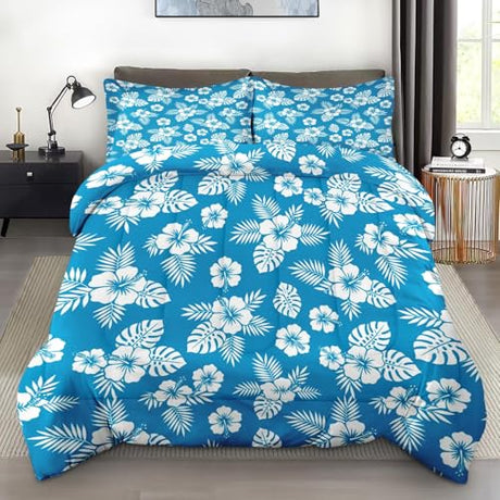 Pamnest Comforter Set Twin Size, Blue Hawaiian Flower Soft 2 Pcs Bedding for Kids and Adults, Hibiscus Beach Surf Comforter Set with Pillowcase for Bedroom Bed Decor Pamnest