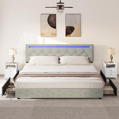 YITAHOME King-Size Upholstered LED Bed Frame with Adjustable Headboard & Underbed Storage - Grey - WoodArtSupply