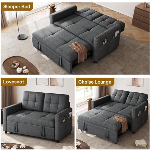 YITAHOME 55" Convertible Sofa Bed, 3-in-1 Sleeper Sofa with Iron Frame Pull-Out Bed, Linen Futon Couch with Reclining Backrest and Side Pocket, Modern Loveseat for Living Room Bedroom Apartment, Grey YITAHOME