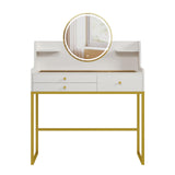 DELUXE LIVING Makeup Vanity Desk with Mirror and Lights, Glass Top Vanity Desk with 3 Drawers & 2 Storage Shelves, Bedroom Dressing Table with Power Outlet, 3 Lighting Mode, White DELUXE LIVING