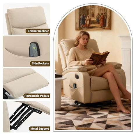Culect 360° Swivel Rocking Recliner Chair, Massage Lazy Boy Recliner, Small Spaces Recliner for Living Room, Bedroom and Nursery, Beige Leather Culect