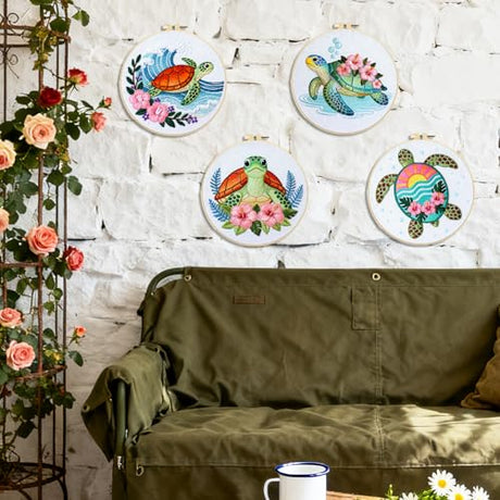 BEUNITONE 4 Sets Sea Turtle Embroidery Kits for Beginners DIY Craft Kits for Adults with Printed Patterns, Hoops and Instructions, Hibiscus Flower Needlepoint Kits for Clothing and Home Decor BEUNITONE