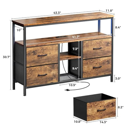 Huuger TV Stand Dresser with Power Outlets and LED Lights, 4 Drawers Entertainment Center with Open Shelf, Media Console for 50 43 Inch TV, Dresser, Rustic Brown - WoodArtSupply