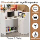 PAKASEPT Reception Desk with LED Lights, L-Shaped Modern Front Desk with Glass Display Shelf, Reception Counter Table for Lobbies, Salons, Retail, Home Offices (White) PAKASEPT