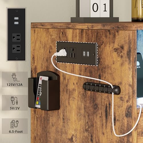 LIKIMIO Nightstand with Charging Station and 3 Drawers, LED Lights End Side Table with Interchangeable sockets and Hooks, Vintage Brown LIKIMIO