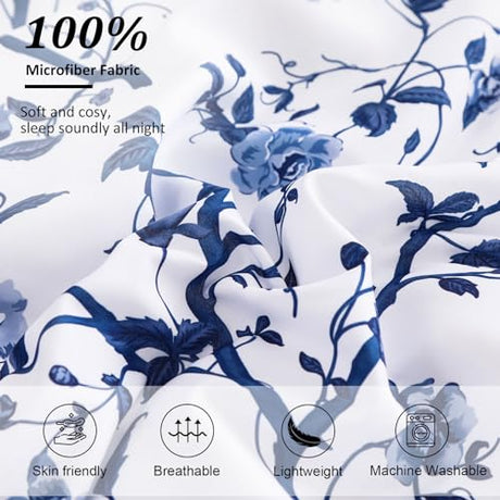 Dobuyly Floral King Size Comforter Set, Blue Flowers on White Botanical Bedding Set 7 Piece Bed in a Bag King, Soft Microfiber Bedding Comforter Sets with Sheets for All Season Dobuyly