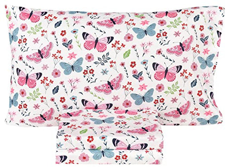 Scientific Sleep Butterfly Pink Flower 100% Cotton Cozy Fun Twin Bed Sheet Set, Flat Sheet & Fitted Sheet & Pillowcase Kids Boys Girls Bedding Set Scientific Sleep