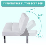 Naomi Home Zoe Futon Sofa Bed, Faux Leather Futon Couch, Modern Convertible Folding Sofa Bed Couch with Chrome Legs, Reclining Mini Couch, Leather Futon Small Couch for Bedroom Living Room White Naomi Home