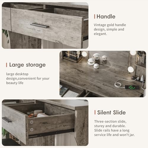 Vabches Vanity Desk with Mirror and Lights,Makeup Vanity Table with Charging Station,2 Drawer Bedroom Dressing Table with 3 Colors Modes Dimming & Cushioned Stool,Light Rustic Oak Vabches