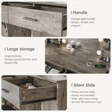 Vabches Vanity Desk with Mirror and Lights,Makeup Vanity Table with Charging Station,2 Drawer Bedroom Dressing Table with 3 Colors Modes Dimming & Cushioned Stool,Light Rustic Oak Vabches
