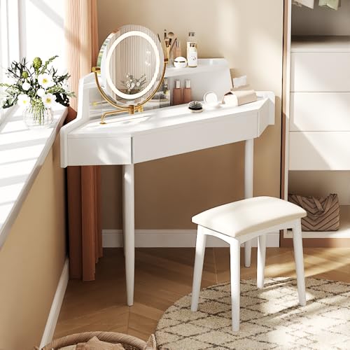 Merax Corner Vanity Desk with Mirror and Lights and Stool, White Makeup Vanity with Storage & Adjustable Light, Girl Glass Top Dressing Table with Small Sliding Glass Door, Drawer and Display Shelf Merax