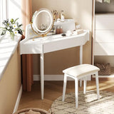 Merax Corner Vanity Desk with Mirror and Lights and Stool, White Makeup Vanity with Storage & Adjustable Light, Girl Glass Top Dressing Table with Small Sliding Glass Door, Drawer and Display Shelf Merax