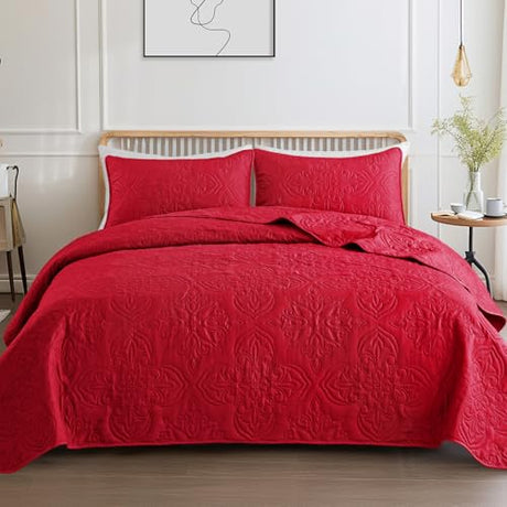 Whale Flotilla Soft Queen Quilt Bedding Set for All Seasons, Vintage Damask Ultrasonic Full Size Quilts Set, Lightweight Reversible Bedspread, Coverlet, Bed Cover with 2 Pillow Shams, Red Whale Flotilla