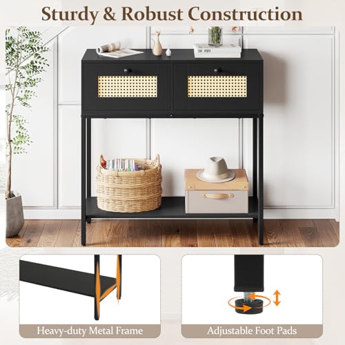 Giantex Rattan Console Table, 32" Boho Entryway Table with 2 Drawers, Metal Frame, Narrow Long Sofa Tables with Open Storage Shelf for Living Room, Hallway, Foyer, Entrance (Black) Giantex