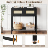 Giantex Rattan Console Table, 32" Boho Entryway Table with 2 Drawers, Metal Frame, Narrow Long Sofa Tables with Open Storage Shelf for Living Room, Hallway, Foyer, Entrance (Black) Giantex