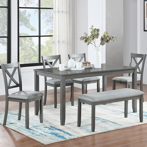 LUMISOL 6-Piece Solid Wood Dining Table Set, Farmhouse Kitchen Table Set with 4 Upholstered Chairs and Bench for Kitchen, Dining Room, Living Room, Grey LUMISOL