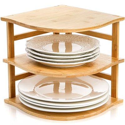 Goaste 3-Tier Bamboo Corner Shelf, Kitchen Countertop Storage Organizer, Cabinet Plate Rack for Pantry Organization, Bathroom, Desktop, 9.5 x 9.5 x 9.5 Inch