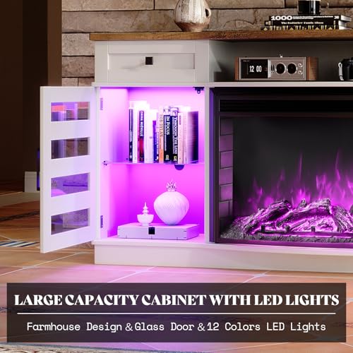 LUXOAK 70" Farmhouse Curved Fireplace TV Stand, LED Light Entertainment Center Table with 36'' Upgrade Electric Fireplace TV Console Cabinet for TVs Up to 80", Antique White Barnwood LUXOAK