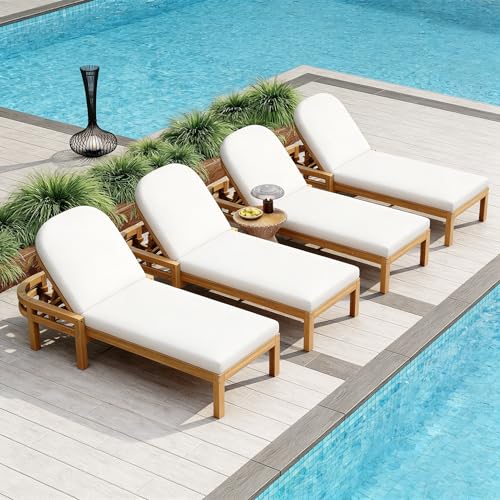 Merax 4 Piece Outdoor Chaise Lounge,Acacia Wood Patio Recliner with Arched Backrest,5-Position Adjustable Backrest,Thick Cushion,Outdoor Lounge Chair for Poolside,Backyard,Deck & Lawn,Light Teak