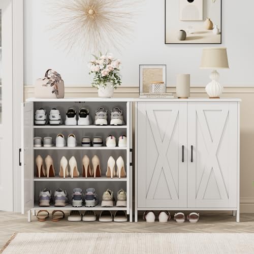 Homleke Farmhouse Shoe Cabinet with 2 Barn Doors & Wood Legs, 5-Tier Shoe Storage Cabinet with 3 Adjustable Shelves, Tall Shoe Rack Organizer for Closet, Shoe Organizer for Entryway, Hallway, White Homleke
