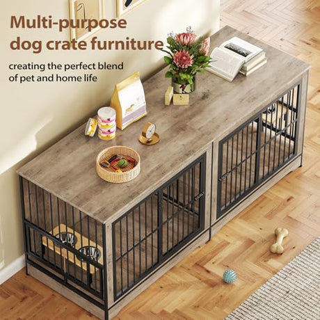Rovibek 78 Double Dog Crate Furniture for 2 Large Dogs Indoor, Wooden Furniture Dog Crates with Dog Bowl, Dog Kennel Furniture TV Stand Large Breed Grey Rovibek