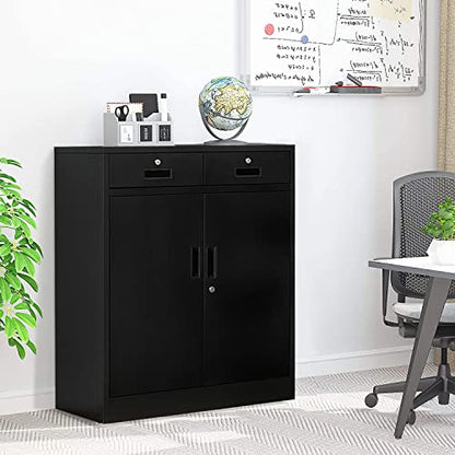 CJF Metal Storage Cabinet with 2 Doors and 2 Locking Drawers, Steel Storage Cabinets for Office/Home 36.2" H x 31.5" W x 15.7" D (Black) - WoodArtSupply