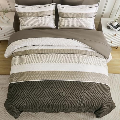 Drucon Brown Comforter Set King Size 7 Piece Bed in a Bag Striped Bedding Set Soft Microfiber Comforter and Sheet Set for All Season (King, 104"x90") Drucon