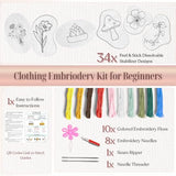Easy Clothing Embroidery Kit - 34 Water Soluble Stick & Stitch Designs - Embroidery Kit for Clothes Starter Pack, Beginners All Inclusive Kit for Clothing Embroidery