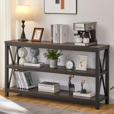 FATORRI Rustic Industrial Console Table with 3-Tier Shelves - Walnut Brown Entryway Sofa Table FATORRI