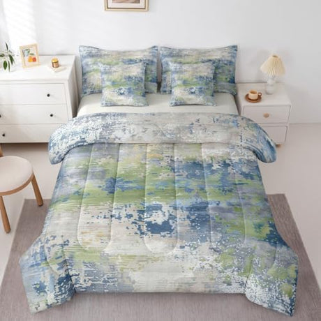 Erosebridal Navy Blue and Green Watercolor Bed in a Bag Twin Comforter Set 7 Piece,Modern Abstract Bedding Sets Grunge Contemporary Tie Dye Pastel Artwork Sheet Set with Comforter,Reversible Erosebridal