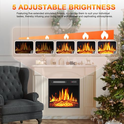 PRETZI 18" Electric Fireplace Insert, Recessed Fireplace Heater with 8H Timer, Remote & Control Panel, Fireplace Insert for TV Stand with Adjustable LED Realistic Flame, 750/1500W PRETZI