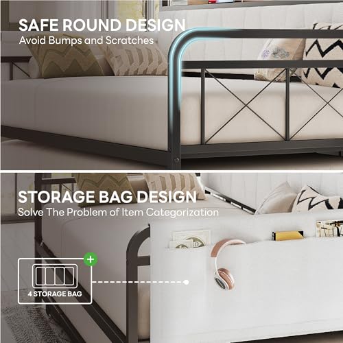 LIKIMIO Daybed with Trundle Bed, Twin Bed Frame with Storage Headboard and Charging Station, Sofa Day Bed with Strong Supports for Living Room, Bedroom, and Guest Room, Cream LIKIMIO