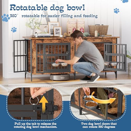 Grepatio 63" Dog Crate Furniture for 2 Dogs, Large Dog Kennel with 360° Rotating Feeder Bowls, Indoor Double Dogs Crates with 4 Doors, Wooden Crate TV Stand with Removable Divider Grepatio