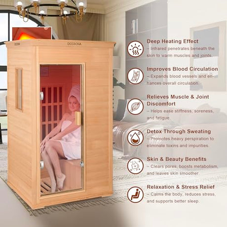 1-Person Far Infrared Sauna with Red Light Therapy – Compact Canadian Hemlock Wood Indoor Home Spa, 4 Fast Heating Panels (1000W 110V), Bluetooth, 7-Color LED & Timer – 65.4" Tall (Fits Small Spaces) DCCSONA