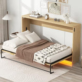 Pasirou Twin XL Size Horizontal Murphy Bed with Storage Shelf, Hideaway Wall Bed with Led Lights, can be Folded into Cabinet, Folding Murphy Bed Space-Saving for Guest Room, Natural Pasirou