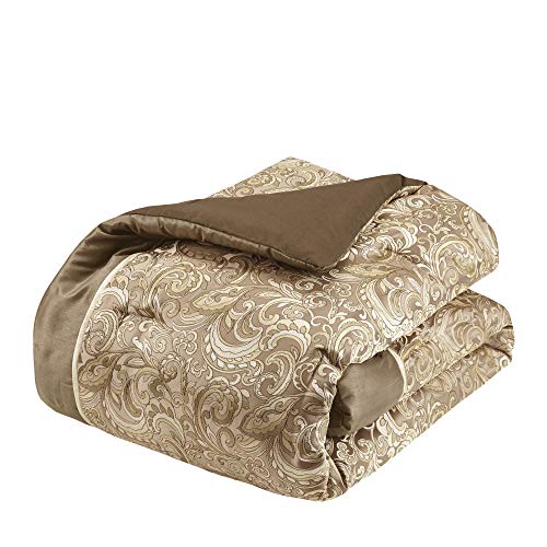 Madison Park Essentials Brystol 24 Piece Room in a Bag Faux Silk Comforter Jacquard Paisley Design Matching Curtains Down Alternative Hypoallergenic All Season Bedding-Set, Queen(90"x90"), Brown Madison Park