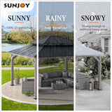 Sunjoy 13 x 15 ft. Wood Gazebo, Outdoor Patio Steel Hardtop Gazebo, Cedar Framed Wooden Gazebo with 2-tier Metal Roof, Suitable for Patios, Lawn and Backyard, Matte Black Roof + Gray Wood Frame Sunjoy