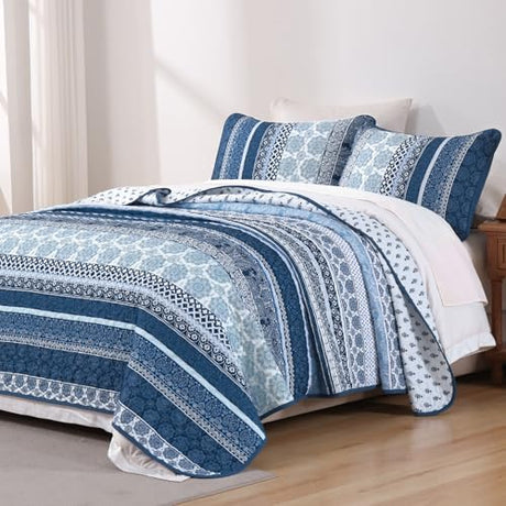WONGS BEDDING Boho Quilt Set Queen Size, Navy Blue Bohemian 3 Pieces Quilt Sets, Lightweight Microfiber Bedspread Coverlet Bedding Set for All Season (96"x90") WONGS BEDDING
