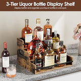 Nuovoware Liquor Bottle Display Shelf Countertop, 3 Step Wood Coffee Syrup Organizer with Handle Fence, 12-Bottle Liquor Display Home Retro Wine Rack for Liquor Whiskey Wine Coffee Syru, Wooden Nuovoware