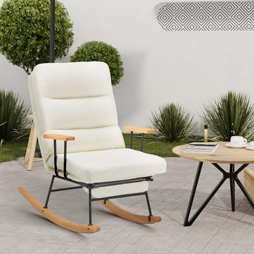 Rocking Chair with Footrest-Glider Rocker Chair with Retractable Footrest and Adjustable Backrest, Teddy Upholstered Rocking Chair, Modern Accent Chair for Living Room/Nursery/Bedroom/Outdoor-Beige COLAMY